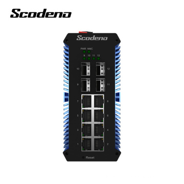 Conmutador de red industrial Scodeno IP50 con carril DIN, 4 SFP, 8 puertos, conmutador Gigabit Ethernet, conmutador Lan para exteriores